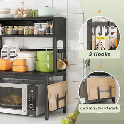 EnHomee 4-Tier Microwave Stand for Kitchen Storage, Black | 205 lb Capacity, Adjustable Kitchen Shelves with 9 Hooks & Cutting Board Rack - color: Black