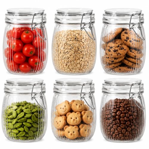 25 oz Wide Mouth Glass Mason Jars with Airtight Lid 6 Pack, Glass Canister, Striped Clip Fastening Jar for Kitchen Storage Canning, Oat, Coffee, Pasta, Snack, Nut, Candy and Pickling Food - size: 25oz