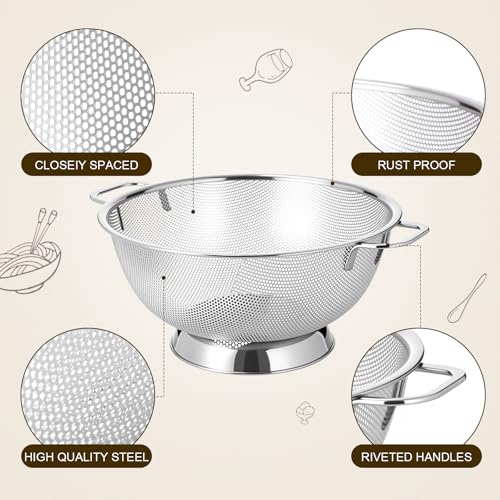Geetery 7 Pcs Stainless Steel Kitchen Accessories Set 3 Nesting Mixing Bowls with Lid(1.5/3/5qt), 1 Colander with Handle(5qt), 3 Fine Mesh Strainers(8/14/20cm) for Cooking, Baking, Prepping, Draining
