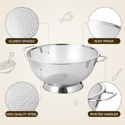 Geetery 7 Pcs Stainless Steel Kitchen Accessories Set 3 Nesting Mixing Bowls with Lid(1.5/3/5qt), 1 Colander with Handle(5qt), 3 Fine Mesh Strainers(8/14/20cm) for Cooking, Baking, Prepping, Draining