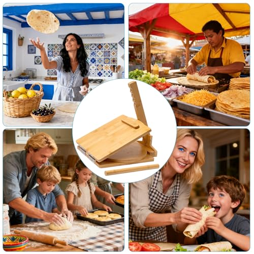 NEW Wooden Corn Tortilla Press,10 Inch Corn Tortilla Press, Built-In Rotating Disc Double Press, Comes With 50 Sheets Of Parchment Paper And A Rolling Pin, Suitable For Making Pancake, Chicken Wrap