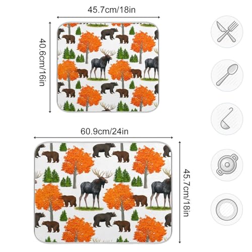 Bear Moose Trees Dish Drying Mat for Kitchen Counter Super Absorbent Draining Mat with Non-slip Backed Sink Tray Mat for Countertops Sinks Draining Racks Dish Bottles Cups Bowl