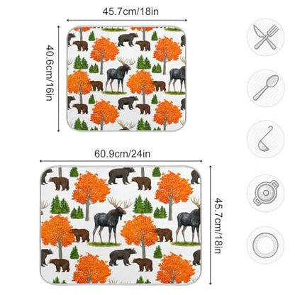 Bear Moose Trees Dish Drying Mat for Kitchen Counter Super Absorbent Draining Mat with Non-slip Backed Sink Tray Mat for Countertops Sinks Draining Racks Dish Bottles Cups Bowl