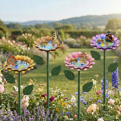 4 Pack Sunflower Flower Bee Watering Station with 20 Glass Beads - Bee Bath for Garden Metal Bee Water Feeder with Flower Design, Colorful Outdoor Insect Hydration Station for Attracting Bees ﻿