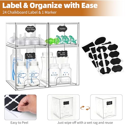 Baby Bottle Organizer, Stackable Storage Drawers with Label, Clear Station Organizers Container for Pacifiers, Pump Parts, Desk Organizer Bins for Bathroom, Cabinet, Pantry, Vanity, Countertop, 4 Pack - style: 2 High+2 Small