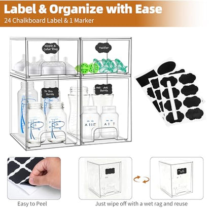 Baby Bottle Organizer, Stackable Storage Drawers with Label, Clear Station Organizers Container for Pacifiers, Pump Parts, Desk Organizer Bins for Bathroom, Cabinet, Pantry, Vanity, Countertop, 4 Pack - style: 2 High+2 Small