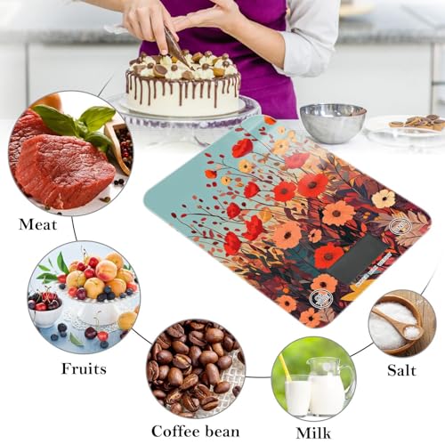 Autumn Poppy Flowers01 Food Scale Kitchen Digital Scale Food Ounces and Grams Dieting Baking Cooking Waterproof Glass Panels LCD Display,4 Units Tare Function - color: Autumn Poppy Flowers01