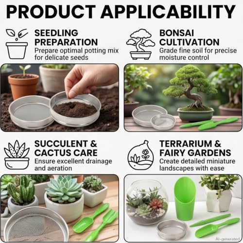 Stainless Steel Soil Sieve Set – 5 Interchangeable Mesh Screens (1/3/6/9/12mm) with Bonsai Scoop & Stainless Steel Trowel, Potting, and Seed Starting and 4-Piece Plastic Bonsai Scoop