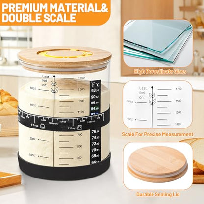 50oz Sourdough Starter Jar, Large Glass Sourdough Starter Jar Wide Mouth with Wooden Lid, Feeding Tracker and Spatula, Sourdough Starter Jar Kit for Bread Baking
