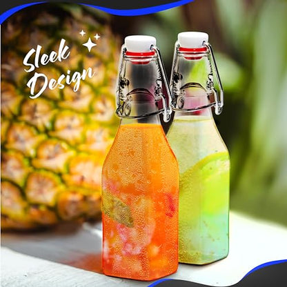 Nevlers 8.5 Oz Square Swing Top Glass Bottles with Stoppers 6 Pack | Flip Top Glass Bottle with Lid | Liquor Bottle Set w/ Funnel, Brush & Marker | Dressing & Homemade Vanilla Extract Bottles - style: Square - 6 Pack