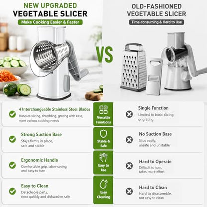 VEKAYA Rotary Cheese Grater Hand Crank with 4 Interchangeable Stainless Steel Blades, Large Manual Handle Shredder and Waffle Slicer for Vegetables, Cheese and Nuts with Table Suction Base(White Grey) - color: White Grey