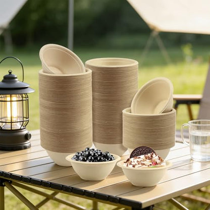 LeonBach 150 Pack 6oz Natural Bagasse Fiber Bowls, Small Disposable Paper Bowls Microwavable Safe Sample Snack Cups Charcuterie Serving Cups for Sauce Portion Condiment Ice Cream Desserts - color: Brown, style: 6oz-150 Pack