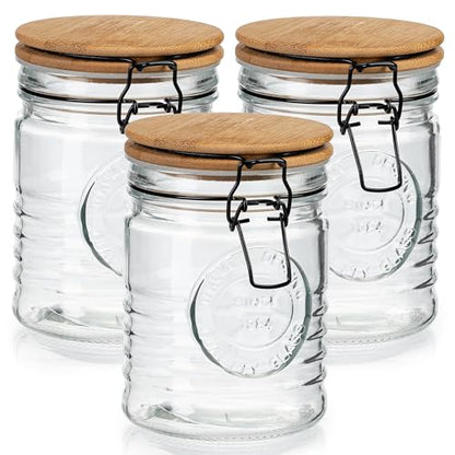 kitchentoolz Glass Storage Jars with Airtight Lids - Set of 3 Mason Storage Containers for Cereal, Coffee & Rice - 23 Ounce Pantry Organizing Canister Set