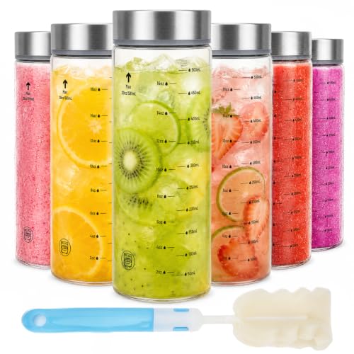 20oz Reusable Glass Juice Bottles with Lids, Wide Mouth, BPA-Free | Leak-Proof Clear Water Bottle for Juicing, Smoothie, Meal Prep | Capacity Markings, Brush Included, Dishwasher Safe | 6pcs - color: Clear-6 Pack, size: 20 Ounces