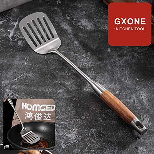 Metal Spatula,304 Stainless Steel Wok Spatula with Heat Resistant Wooden Handle,Silver/15.7Inch - style: Slotted Spatula-wood handle