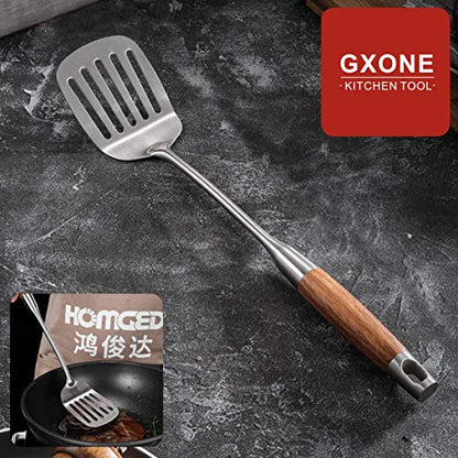 Metal Spatula,304 Stainless Steel Wok Spatula with Heat Resistant Wooden Handle,Silver/15.7Inch - style: Slotted Spatula-wood handle