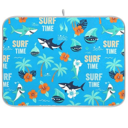 Shark Palm Trees Blue Dish Drying Mat for Kitchen Counter Super Absorbent Draining Mat with Non-slip Backed Sink Mats for Dish Bottles Cups Bowl Sinks Countertops Draining Racks