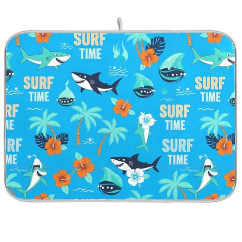 Shark Palm Trees Blue Dish Drying Mat for Kitchen Counter Super Absorbent Draining Mat with Non-slip Backed Sink Mats for Dish Bottles Cups Bowl Sinks Countertops Draining Racks