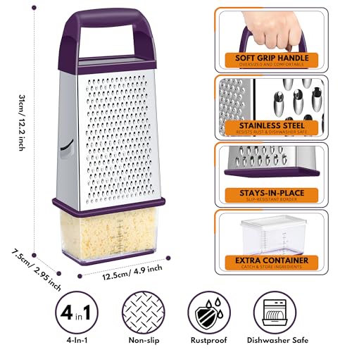 Urbanstrive Cheese Grater With Container, Professional Cheese Grater with Handle, Stainless Steel Graters for Kitchen Handheld, Box Grater with 4 Sides for Vegetables, Ginger, Potatoes (Purple) - color: Purple