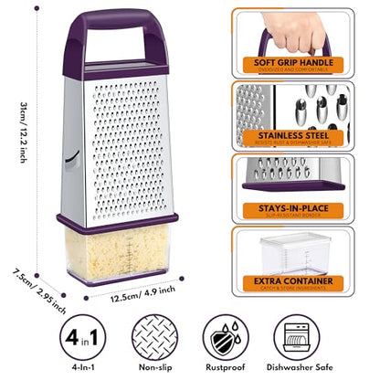 Urbanstrive Cheese Grater With Container, Professional Cheese Grater with Handle, Stainless Steel Graters for Kitchen Handheld, Box Grater with 4 Sides for Vegetables, Ginger, Potatoes (Purple) - color: Purple