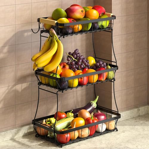 Sevenblue 3-Tier Fruit Basket with Banana Hangers, Detachable Metal Bowl | Wooden handle, protective mats included. Versatile holder for bread, snacks, and veggies. Large 3 tier metal design. - color: Black, size: 3 Tier