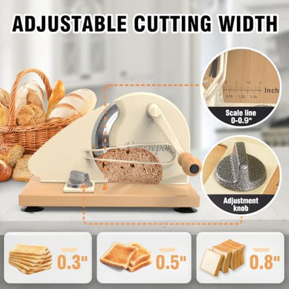 vanerepok Manual Bread Slicer Adjustable Thickness for Homemade Sourdough | Hand Crank Bread Cutter with Scale & Stable Suction Cups & Wood Base for Even Slicing Perfect Baking Gift for Home Bakers - color: Deep Cream