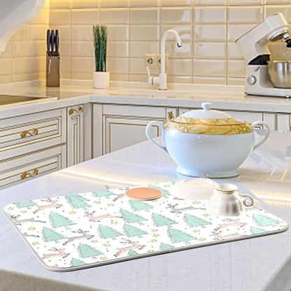 Winter Deer Tree Stars Dish Drying Mat for Kitchen Counter Super Absorbent Draining Mat with Non-slip Backed Coffee Mat for Dish Bottles Cups Bowl Sinks Countertops Draining Racks