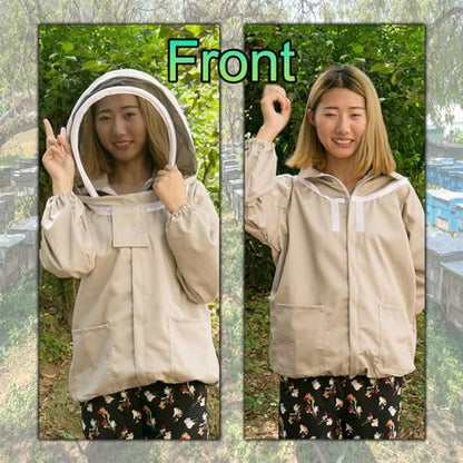 Bee Suit Beekeeper Jacket Long Sleeve Hood Pull Over, White Beekeeping Suit, with Hat Veil, Smock Protective Suit