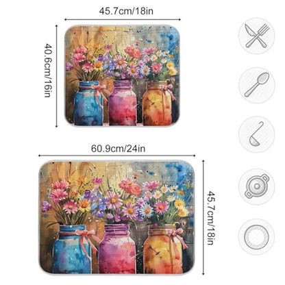 Absorbent Dish Drying Mats, Colorful Mason Jars Spring Flowers Quick Drying Coffee Bar Mat, Reversible Dish Draining Mat Kitchen Countertop Mat, 18 x 24 Inch - size: 18x24in