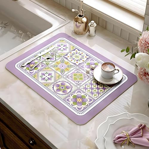 Coffee Mat, Boho Style Dish Drying Mat, Fast Water Absorption, Hide Stains, Easy to Clean, Fit Coffee Bar Accessories, Bar Mats for Countertop (12"x19", Purple Checkered) - color: Purple, size: 12" x 19"