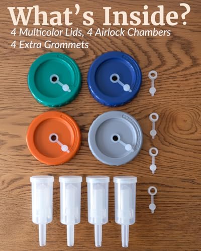 Elementi Mason Jar Fermentation Lids - Easy to Use Fermenting Lids for Wide Mouth Mason Jars - Make Delicious Sauerkraut & Kimchi, Airlocks Fermentation Kit, Burping Air Lock Fermenters - Set of 4 - color: Multicolor