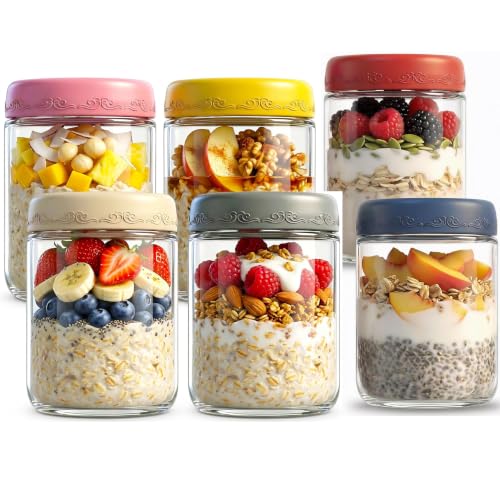 16oz 6Pack Glass Overnight Oats Jars Containers with Airtight Leakproof Lids, Reusable Mason Jars for Meal Prep, Yogurt Parfaits, Smoothies, Salads & Healthy Breakfasts (16oz - 6pcs) - color: 16oz - 6pcs