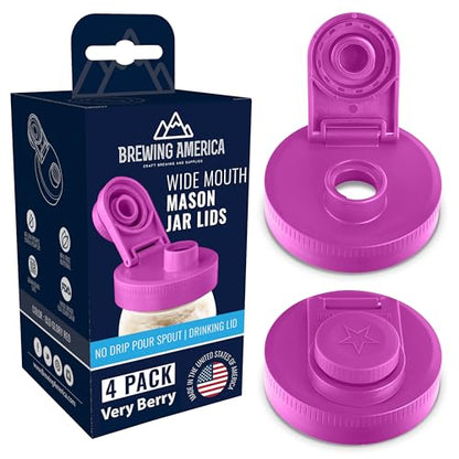 Mason Jar Lids Wide Mouth Plastic 4 Pack - With Flip Cap Screw Top Pouring Spout and Drink Hole - Fits Kerr and Ball Canning Jars - Wet/Dry Food and Liquid Storage - MADE IN USA (Very Berry) - color: Very Berry