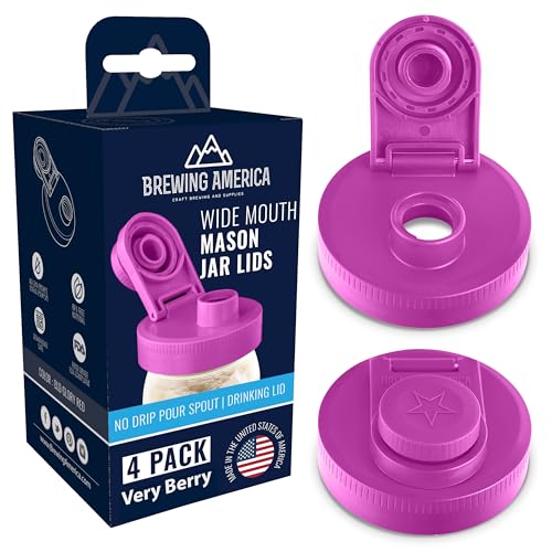 Mason Jar Lids Wide Mouth Plastic 4 Pack - With Flip Cap Screw Top Pouring Spout and Drink Hole - Fits Kerr and Ball Canning Jars - Wet/Dry Food and Liquid Storage - MADE IN USA (Very Berry) - color: Very Berry