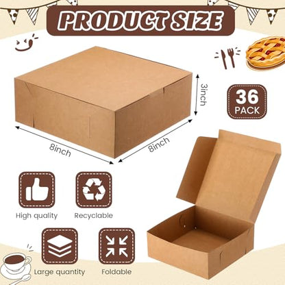 36 Pack Pizza Bakery Boxes 8" x 8" x 3" Kraft Square Bakery Boxes for Pie, Cookies, Cheesecake, Chocolate Covered Strawberries, Dessert Brown Paper Cardboard Container for Treats - size: 8 x 8 x 3 inches
