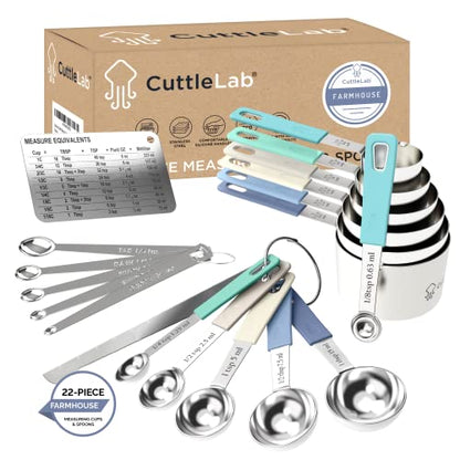 CuttleLab 22-Piece Stainless Steel Measuring Cups and Spoons Set, Tad Dash Pinch Smidgen Drop Mini Measuring Spoons, Measuring Stick Leveler, Measurement Conversion Chart Fridge Magnet, (Farmhouse) - color: Farmhouse
