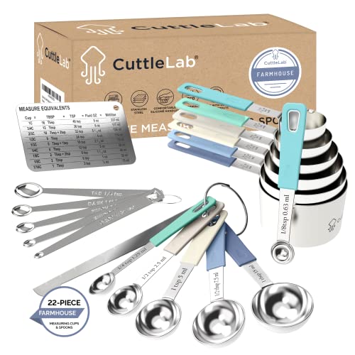 CuttleLab 22-Piece Stainless Steel Measuring Cups and Spoons Set, Tad Dash Pinch Smidgen Drop Mini Measuring Spoons, Measuring Stick Leveler, Measurement Conversion Chart Fridge Magnet, (Farmhouse) - color: Farmhouse