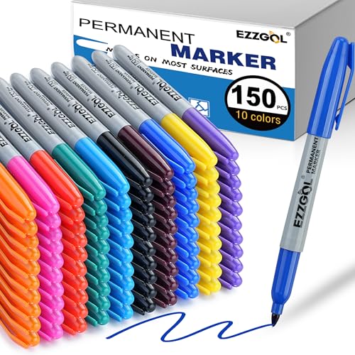 Ezzgol Permanent Markers Bulk, 150 Pack, 10 Assorted Colors,Multicolor Fine Tip Marker,Waterproof, Quick Drying on Paper,Metal,Wood,Plastic for School,Office,Home