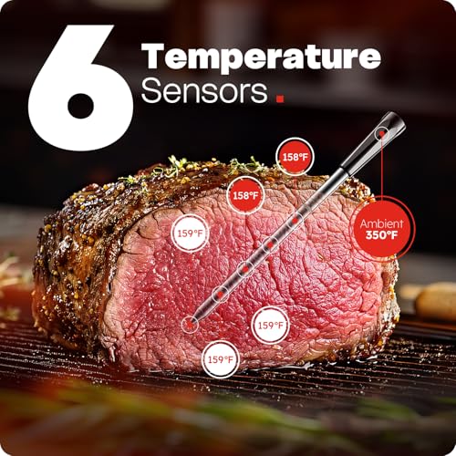 Smart Bluetooth Wireless Meat Thermometer Digital, 6 Accuracy Sensors, 0.5S Instant Read Food Thermometer, 2-in-1 100H Battery Fast Charge Base, APP Control & Custom Menu for BBQ, Grill, Smoker, Oven
