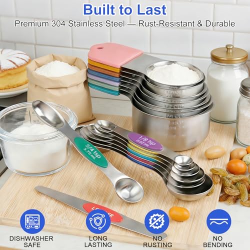 Magnetic Measuring Cups & Spoons Set, Patented, Strong N45 Magnets, Heavy Duty Stainless Steel Fits in Spice Jars for Baking & Cooking, Round Set of 15 with Leveler Colorful - color: Colorful