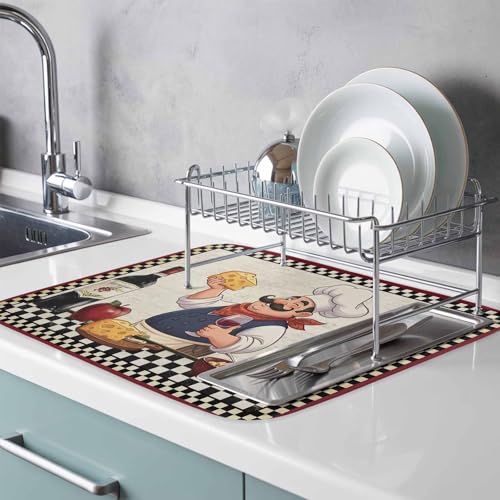Dish Drying Mat for Kitchen Counter, Chef with Cheese Absorbent Dish Mats Foldable Microfiber Drainer Pad 1PCS 18"x24", Wine Bottle Black Plaid Frame Plate Holder Mat for Countertop Sink Decor - size: 1PCS-18x24in