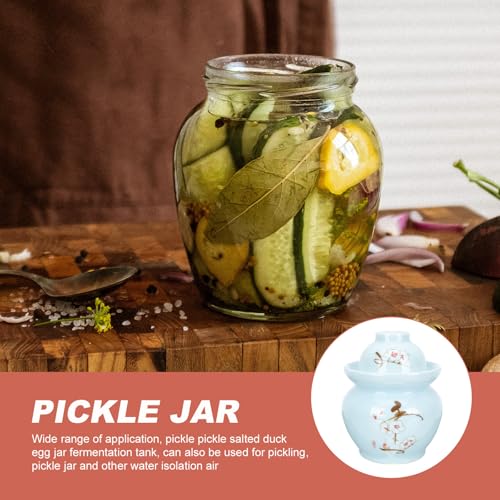 Ceramic Pickle Jar with Double Lids Sealed Food Container Blue Plum Pattern Traditional Household Sichuan Kimchi Sauerkraut Storage Crock for Kitchen Use