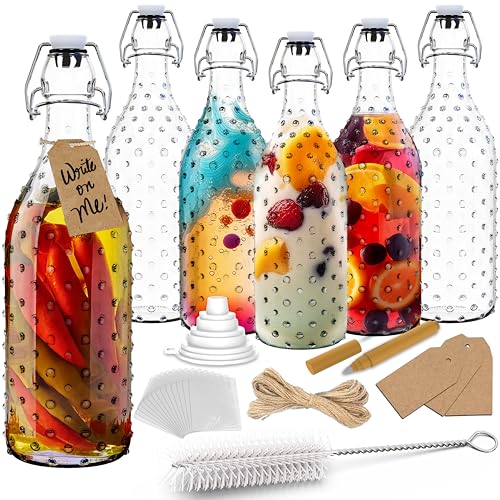 Nevlers 17 Oz Dotted Swing Top Glass Bottles with Airtight Lid 6 Pack Set | Flip Top Glass Bottle with Stopper , Wrap, Funnel, Brush, Tags & Marker | Alcohol Bottle | Fermentation Bottles with Stoppers