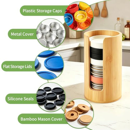 2 Pack Bamboo Mason Jar Lid Organizer - Fits 24 Wide & Regular Mouth Lids | Vertical Pantry Storage Rack for Kitchen Cabinet & Countertop | Space-Saving Canning Jar Accessories