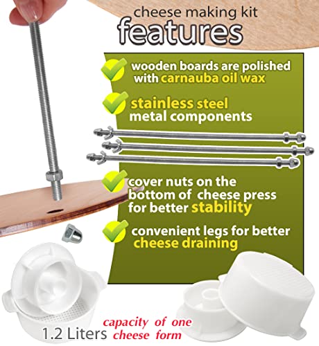 Wooden cheese press diameter 11.2 in and 2 cheese making forms 45 oz Pressure up to 50 Pounds colorless