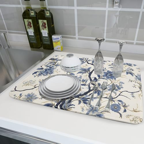 Chinoiserie Trees Dish Drying Mat for Kitchen Counter,Bule Birds Flowers Drying Mat 18 x 24 Inch with Absorbent Reversible Microfiber Drying Pad for Coffee Bar - size: 18" x 24"