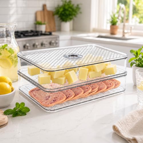 2 Layers Cheese Lunch Meat Storage Container for Fridge,Deli Food Storage Container with Lids,Refrigerator Organizers and Storage for Cheese,Cold Cuts, Bacon,Ham,Sandwich Meat Keeper