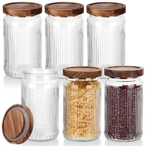 6 Pcs 1000ml/34 oz Vintage Glass Storage Jar Glass Containers with Wood Lid Ribbed Pattern Airtight Kitchen Spice Containers for Pantry, Coffee Bean, Grains, Tea, Sugar, Flour, Candy, Oats - size: 1000ml