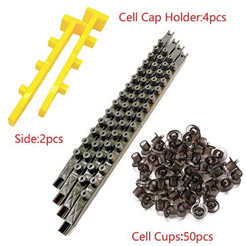 ZffXH JZBZ Beekeeping Queen Cell Cup Holder Frame Bar and Apiculture Mounted Queen Cell Cups Kit (2 Pcs Sides and 4 Pcs Cell Cup Holder Bars Plus 50 Pcs Cell Cups) Queen Rearing Frame for Bees