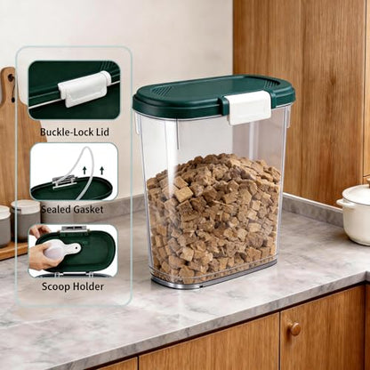 Dark Green Airtight Dog Cat Food Storage Container 10 Lbs - Slim Tall Pet Food Treat Container with Lid, Scoop and Cup - Clear Plastic Dry Food Storage Bin for Dogs, Cats, Bird Seeds, Kibble, Pellets - color: Dark Green